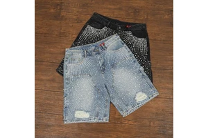 Distressed Denim Manufacturer Streetwear Custom Vintage Wash Rhinestone Jorts Men Baggy Jeans Shorts Men's Denim Shorts Jorts