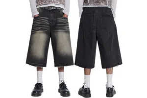 Kodo Fashion Custom Men's Denim Shorts Vintage Washed Black Loose Low Rise Distressed Raw Edges Denim Baggy Jean Men's Shorts