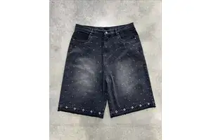 Custom Men'S Denim Shorts Streetwear Y2K Crystal Loose Baggy Vintage Washed Rhinestone Denim Shorts