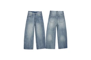 Wholesale Hot Vintage Knitted Mid Casual Pocket Decor Light Wash Denim Men's Straight-leg Jeans Summer Autumn Commute Outfit