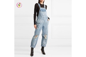 Custom Women Distressed Denim Overalls One Piece Casual Jumpsuit
