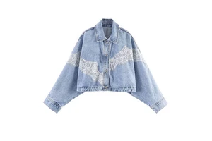 ZATRHMBM Spring/Autumn 2026 New Arrivals: Stylish Women's Denim Jacket Featuring Lace Paneling Retro Turn-down Collar, Loose Fit