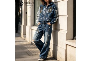 Manufacturer Custom Women Rivet Denim Hoodie Set Streetwear Retro Star Print Stone Washed Frayed Jean Jacket Wide Leg Pants OEM