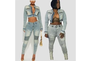 ZHEZHE Women Clothing Two Piece Set Vintage Denim Outfits Turn Down Collar Loose Fit Moto Skinny Jeans and Jacket Set for Women