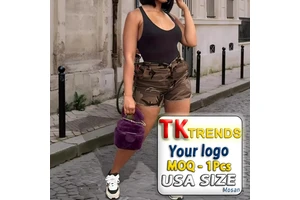 European American Cross-Border Hot-Selling Women's Camouflage Workwear Casual High-Waisted Elastic Plus-Size Cotton Denim Shorts