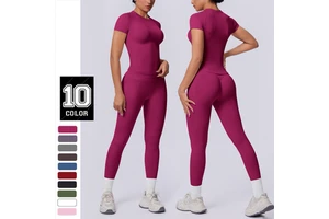 Seamless Knitted Short-sleeved Solid Color Three-segment Waist Peach-colored Buttocks Hip-raising Fitness Pants Yoga Set