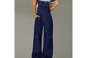 Dark Blue Button for Wash Polyester/Cotton Jumpsuit New Style Baggy Loose Denim Overalls High Waist Wide-Leg Casual Y2K