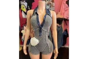 Women's Washed Stretchy Jean Romper Sexy Y2K Denim Overalls Casual Summer Jumper 2025 New Ribbed Denim Jumpsuit Shorts