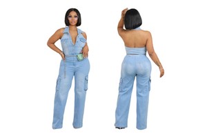 Blue Denim Fashion Straight Pants One Piece Denim Jumpsuit Women Washed Halter Pocket Playsuits Female Cowboy Overalls
