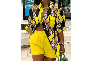 Women's Casual Printed 2 Piece Outfit, 2026 New Arrival Long Sleeve Button Down Shirt & Shorts Set, Vacation Suit