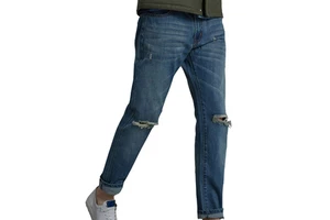 Men's Plus Size Mid Waist Button Fly Classic Stretch Dark Blue Casual Denim Overalls Softener Knitted