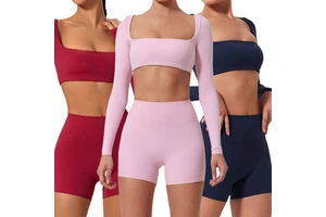 LUMIARA ARTISAN | Custom Logo Women's Long Sleeve Crop Top Shorts Yoga Set | Seamless Prism Spandex Activewear | ODM Wholesale