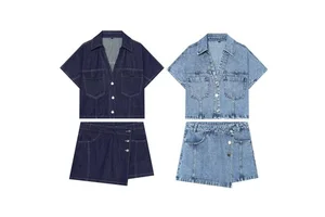 Set Women's 2-piece 2026 new fashion and leisure Joker lapel denim short-sleeved shirt+women's denim shorts women's suit