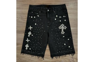 Custom High Street Men's Denim Shorts Breathable Crystal Pickling Head Rhinestone Decorative Mid Waist Straight Jeans