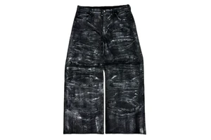 EDGE DENIM Custom Distressed Wax Black Baggy Straight Leg Jeans for Men
