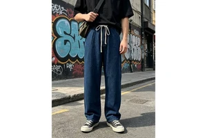 Summer Plus Size Men's Jeans Wholesale Elastic Waist Drawstring Jean Relaxed Fit Straight Leg Trousers Cotton Blend Casual Pants
