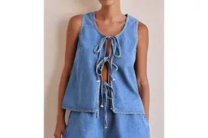 Women's Summer Casual Vintage Sleeveless Lace-Up Jeans Sets Washed Denim Shorts and Vest Ladies' Two-Piece Suit