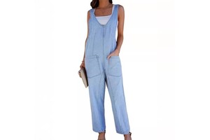 Summer European American Overalls High Waist Knee Adjustable Pocket Strap Loose Casual Denim Jumpsuit for Women