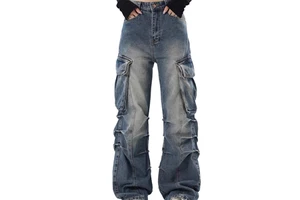 Cheap Rate Men's Straight Hip Hop High Street 6 Pockets Cargo Denim Jeans Plus Size Washed Custom Logos OEM Service