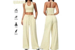 Custom Logo Women 2 Piece Gym Yoga Set Hollow Out Crop Top Drawstring Elastic Waist Wide Leg Pants Workout Yoga Sets