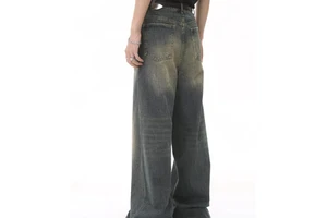 Men Vintage Denim Jeans Basics Jeans Trouser Straight Loose Sandblast Whiskers Design Indigo Blue Long Jeans Pants