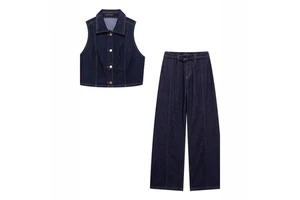 Women's High Waist Open Jeans Set Lapel Short Denim Vest Casual Daily Wear Top Button Autumn Canvas Fabric Two-Piece Suit