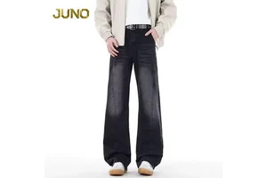 Men's Washed Wide Leg Jeans Vertical Seam Design Regular Straight Denim Pants Vintage Faded Streetwear Casual Baggy Trousers