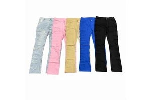 Men's Regular Fit Stacked Jeans Ripped Slim Fit Patch Distressed Destroyed Straight Denim Pants Hip Hop Streetwear Trouser