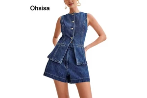 Ohsisa 2025 Summer Fashion Women's Denim Sets Casual Sleeveless Top & High Waist Shorts Inspired High-Style Suit