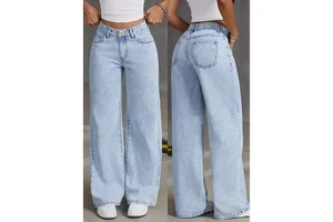 Women's High Waist Ripped Solid Eco-Friendly Waterproof Denim Jeans Casual Loose Fit Large Size Straight Wide Leg Full Length