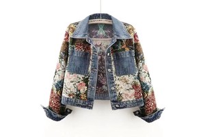 RTS Factory Fashion Jacquard Floral Embroidery Denim Women Slim Short Cowboy Outerwear Streetwear Cropped Jeans Coat
