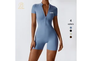 Custom Gym Sports Jumpsuits Playsuits Short Sleeves With Half Zipper Plus Size Bodysuits Fitness Yoga Romper Women