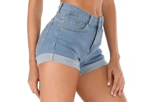 Women High Waist Skinny Fit Hip Hop Denim Shorts with Partial Length and Denim Construction