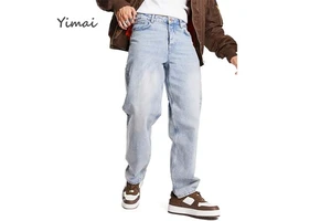 YIMAI Washed Cotton Jeans Custom Men's Clothing Wide Leg Denim Pants Light Blue Washed Loose Straight Men's Baggy Jeans
