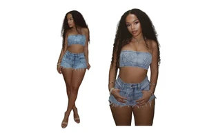 New Summer Women Two Piece Denim Set Embroidered Strapless Pantsuit Sleeveless Jeans Top Shorts Suit for Women