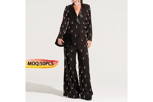 Low Moq Custom Clothing Elegant Suit Allover Pearl Eyelet Blazer Jacket + Wide Leg Pants Trouser Plus Size Women Two Piece Sets