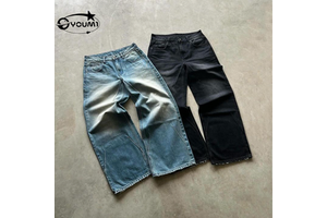 YOUMI Custom Men's Retro Wash Jeans Frayed Distress Straight Leg Cylinder Blue Black Denim Mid Vintage For Summer Streetwear