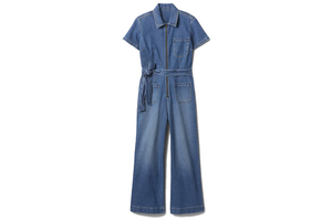 Women's Short Sleeve With Belted Waist Zip Front Multiple Pockets Trendy Casual Loose Fit Wide Leg Denim Overalls Denim Jumpsuit