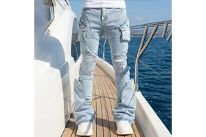 DiZNEW 2025 Men's Skinny Workwear Jeans with Multiple Pockets Modular Snap-Off Hem Reinforced Metal Snaps Mens Slim Fit Jeans