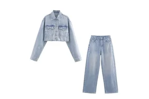Set Women's 2025 new casual fashion lapel rhinestone decorative denim jacket+retro women's high waist straight jeans suit