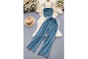 Retro Denim Suit Women's Design Halter Vest Short Everything High Waist Straight Leg Pants Two-Piece Set