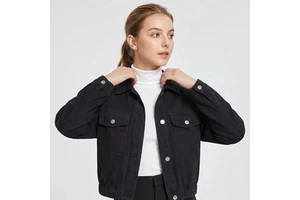 Vintage Workwear Style Women Cropped Jacket Black Denim Utility Cargo Coat With Large Pockets Printed Stand Collar Eco-Friendly