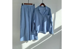 Women's 2-piece Set Retro Casual Plus Size Cotton Shirt + Long Pants Suits Elastic High Waist Straight Loose Trousers Suits