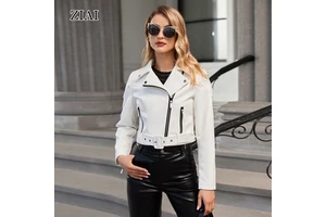 Faux Leather Jacket For Women Back Sexy Strap Crop Short Cropped PU Slim Zip Up Moto Biker Coat Motorcycle Jackets