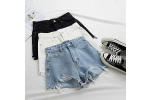 Ripped Denim Shorts Women's 2026 Summer High Waist Versatile Casual Regular Fit Straight Button Frayed Cheap Price