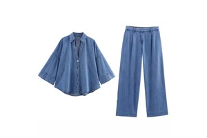 Women's Two-piece Set Denim Loose Shirt + Long Pants Straight Wide Leg Spring Autumn Fashion New Lady Elegant Casual Suits