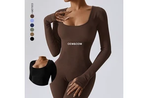 Sportswear One Piece Workout Jumpsuit Ribbed Long Sleeve Yoga Jumpsuit Plus Size Gym Jumpsuit Women