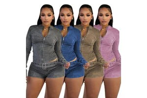 Tks Stock 4colors Casual Denim Women's Set Long Sleeve Top and Mini Belt Shorts Two Piece Women Sets Outfits .