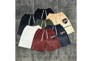 Men's Vintage Sun Fade 100% Cotton Sweat Shorts Custom Cut Edge Distressed Embroidered Patch Men's Summer Acid Wash Shorts
