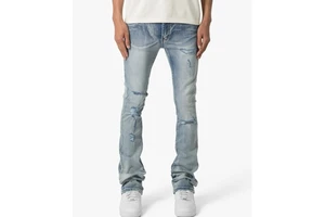 Yinope New Design Fashion Men's Elasticity Blue Vintage Wash Distressed Stacked Flare Fit Denim Jeans